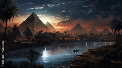 Fotografia Landscape with ancient Egyptian pyramids, beautiful sunset