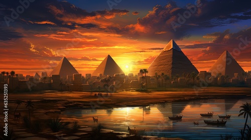 Landscape with ancient Egyptian pyramids  beautiful sunset. AI generation