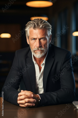 Portrait of Thinking businessman working sitting at desk, mature adult boss in business suit and beard looking at laptop screen thinking about financial investment decisions inside office. High
