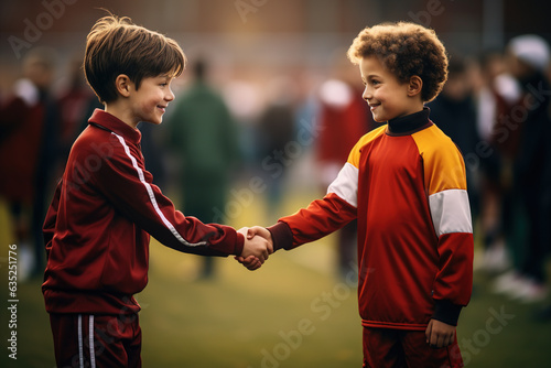 Photograph sport kids shaking hands with opponents in a show of sportsmanship