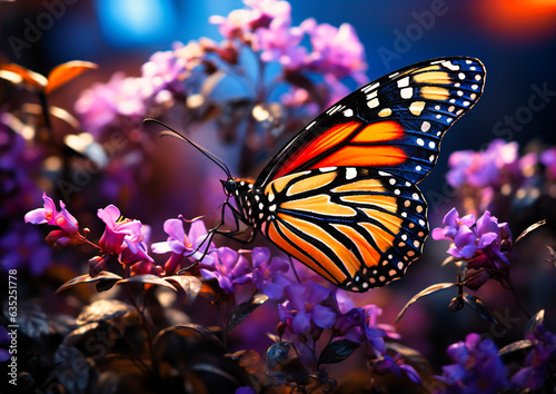 a monarch butterfly sits on purple flowers