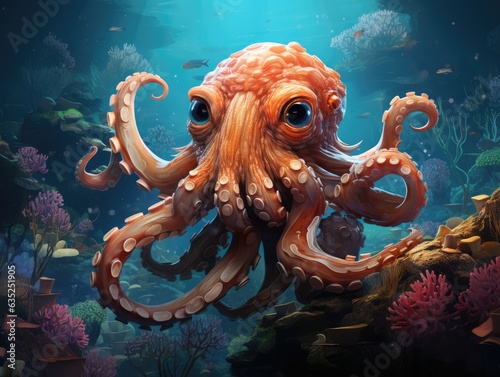 Illustration of an octopus gracefully swimming in the ocean. Generative AI