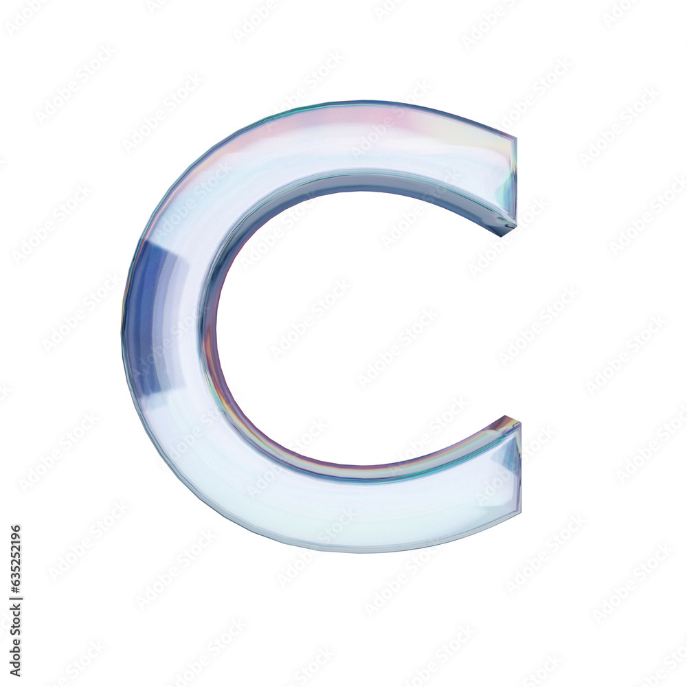 Glass font. Letter C made of dispersion chromatic glass isolated on transparent background. 3d render illustration Glass font. Letter C made of dispersion chromatic glass isolated on transparent background. 3d render illustration