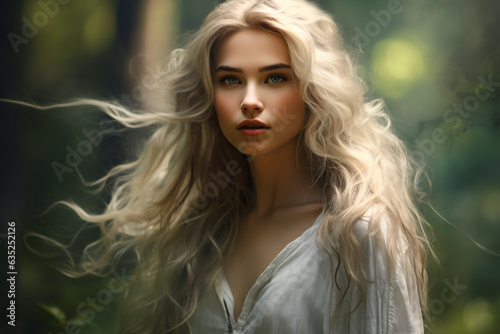 Portrait of young beautiful woman with long blond hair in the forest. Oil painting. High quality photo photo