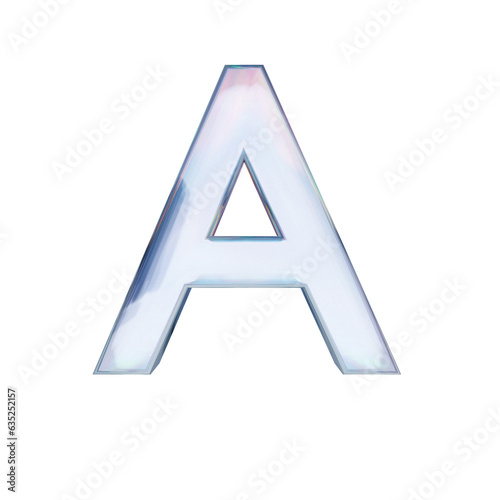 Glass font. Letter A made of dispersion chromatic glass isolated on transparent background. 3d render illustration