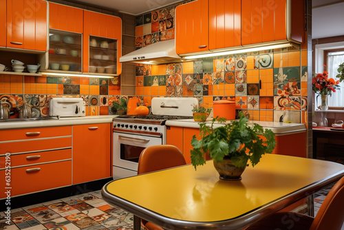 Vintage retro kitchen with orange pattern tiles, american retro kitchen home interior design 70's style