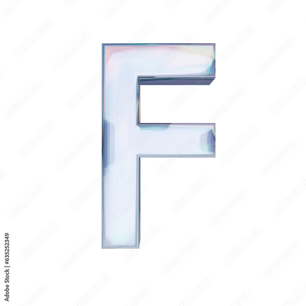 Glass font. Letter F made of dispersion chromatic glass isolated on transparent background. 3d render illustration Glass font. Letter F made of dispersion chromatic glass isolated on transparent background. 3d render illustration