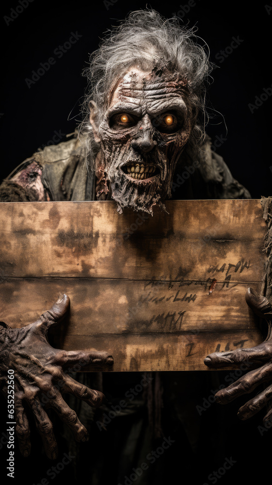 Φωτογραφία Zombie coming out of the ground holding wooden sign for party invitation in Halloween setting