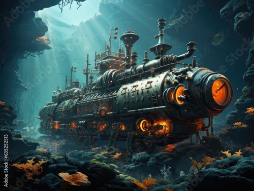 Illustration of a steam-powered submarine floating in a deep blue sea. Generative AI