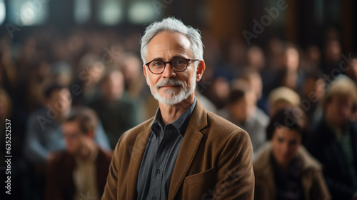 Generative AI, a gray-haired old mature professor in glasses stands against the backdrop of a university office, an audience, a researcher, a scientist, a doctor of science, a lecturer