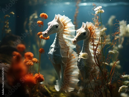 Illustration of two sea horses standing together in the ocean. Generative AI