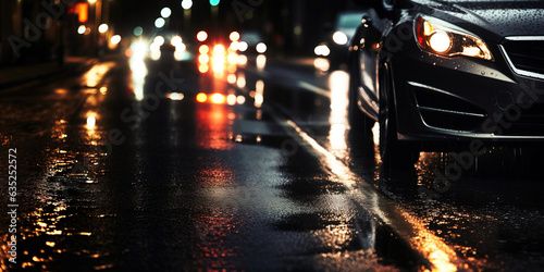 Low-angle close-up of a sleek modern black car driving on a wet road at night with bokeh lights shining in the background - Generative AI