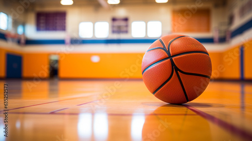 A basketball resting on the ground within a sports gymnasium. 
