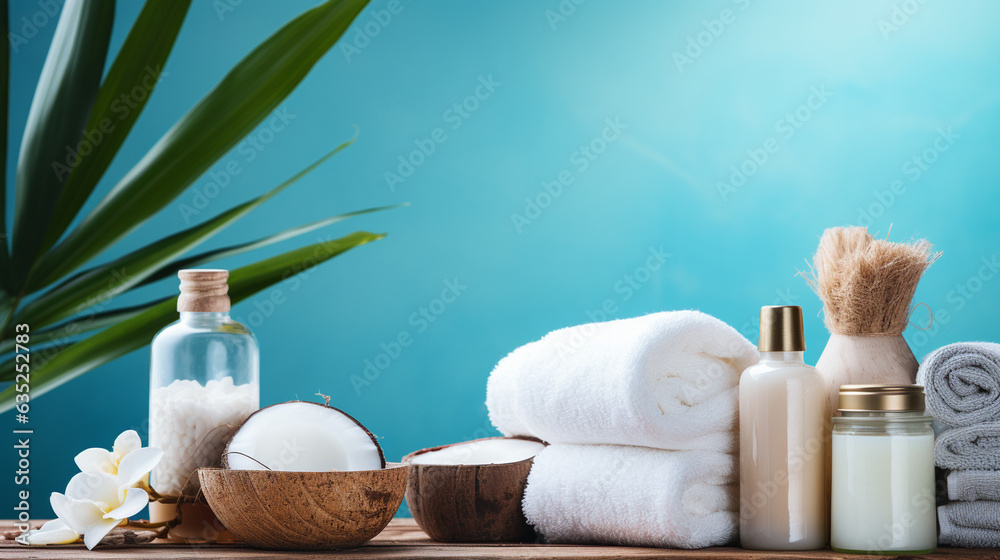 A collection of natural cosmetics, ingredients, and bathroom or spa accessories thoughtfully arranged on a blue banner background.