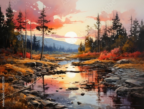 Illustration of a beautiful sunset reflecting on a serene river. Generative AI © byarnoldus