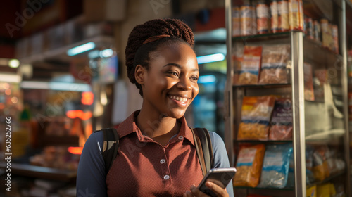 An enthusiastic and cheerful African woman, working as a seller, engages in exemplary customer service. She showcases prices on a calculator, explains product quality and insurance 