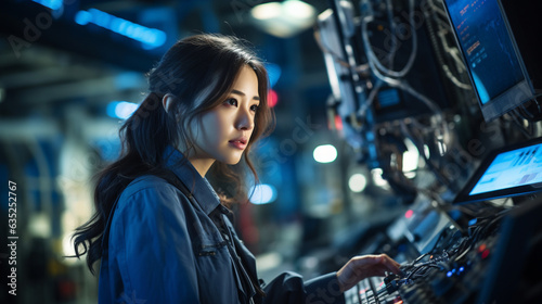 A depiction of an Asian female engineer dressed in a uniform, diligently performing her duties within a professional factory setting. 