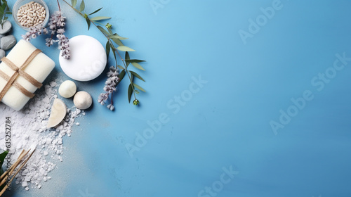 A collection of natural cosmetics, ingredients, and bathroom or spa accessories thoughtfully arranged on a blue banner background.  photo