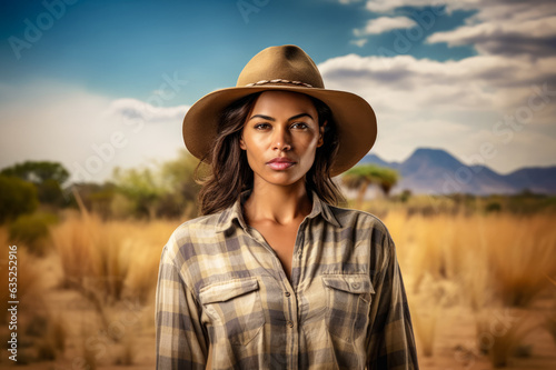 Woman wearing adventurer outfit and hat on African safari. Blurred savanna in background. Generative AI