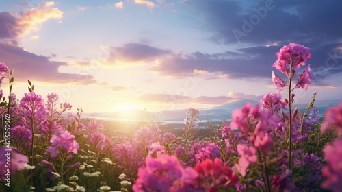 Summer flower meadow wildflower field pink with morning sunlight, Idyllic spring background with blossoming lilac bushes flowers and pink wildflowers on meadow. Pink morning clouds on blue sky over