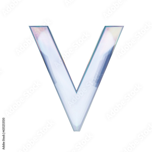 Glass font. Letter V made of dispersion chromatic glass isolated on transparent background. 3d render illustration