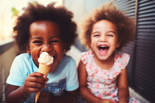 Two happy dark skinned children eating ice cream Summer  vacation  childhood  motherhood  food concept. Mom treats siblings to ice cream. Kids aged 2 and 3 years eating ice cream