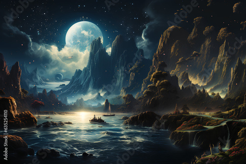 Wasser und Sterne in Lunarpunk-Stil: Realistische Fantasielandschaft mit Detailreichtum