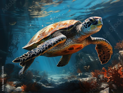 Illustration of a vibrant underwater scene with a graceful turtle gliding through the ocean. Generative AI