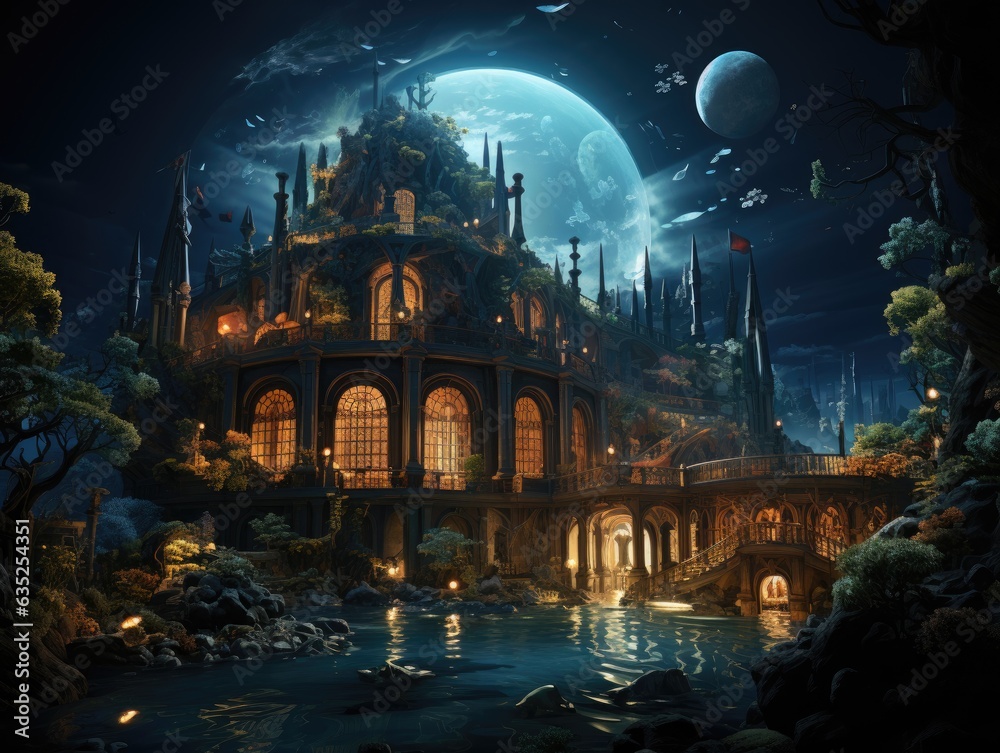 Illustration of a castle illuminated under the moonlight, creating an enchanting nighttime scene. Generative AI