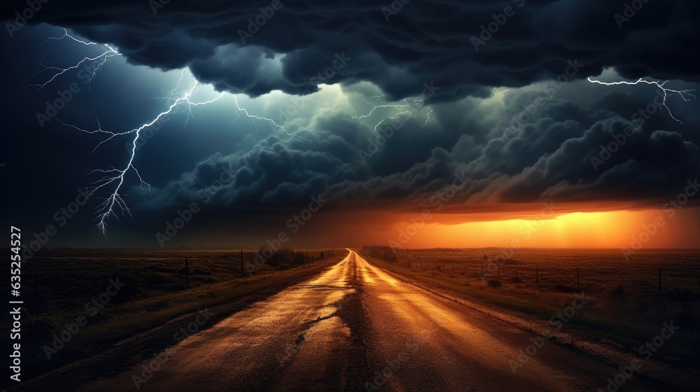Thunderstruck Solitude: Desolate Countryside Road with Lightning, Generative AI