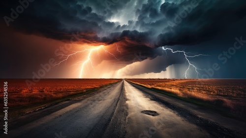 Thunderstruck Solitude: Desolate Countryside Road with Lightning, Generative AI