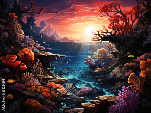 Illustration of a breathtaking sunset reflecting on serene waters. Generative AI