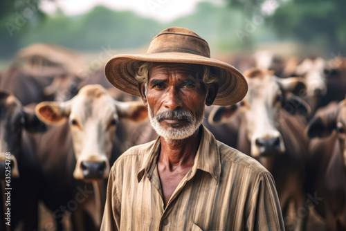 Dairy farm worker, man standing near cow cattle herd. Generative AI