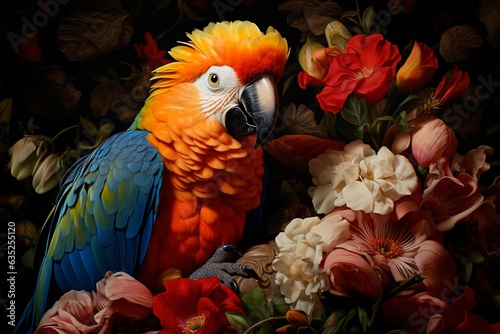 Colorful parrot bird posing over flowers. Renaissance painting style