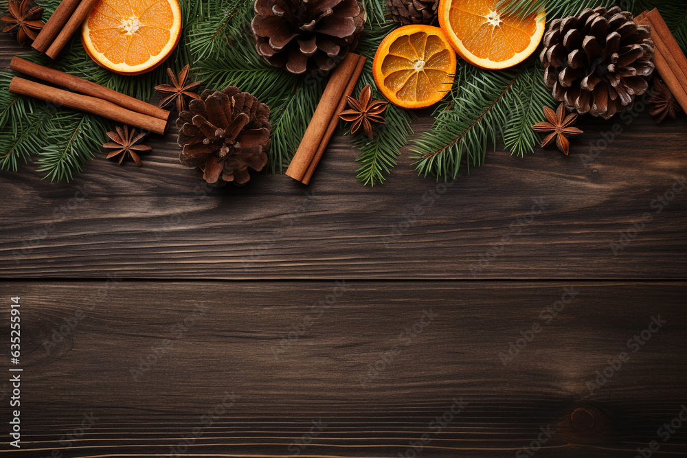 christmas holidays background festive decoration cinnamon, pinecones, and oranges on a wooden table. High quality photo