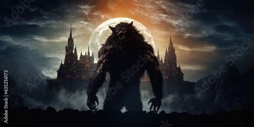 Spooky werewolf in graveyard in horror night for Halloween backdrop, full moon behind.