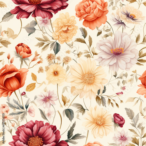 Autumn flowers on beige background  boho style. Autumn seamless botanical pattern. Generative AI.