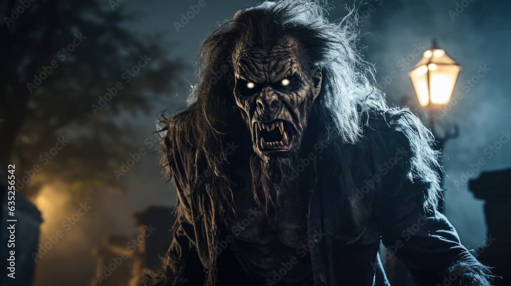 Portrait of Scary Werewolf in Cemetery in Full Moon Horror Night. Portrait of Scary Werewolf in Cemetery in Full Moon Horror Night.