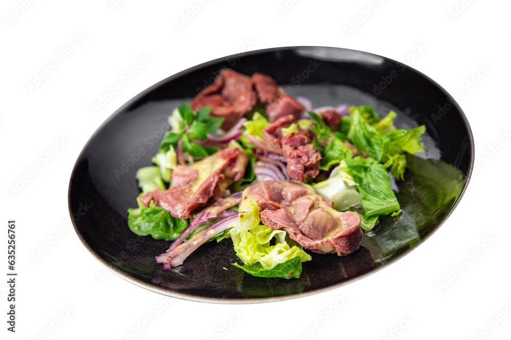 chicken stomach salad green lettuce, onion chicken meat offal vegetable meal food snack on the table copy space food background rustic top view chicken stomach salad green lettuce, onion chicken meat offal vegetable meal food snack on the table copy space food background rustic top view