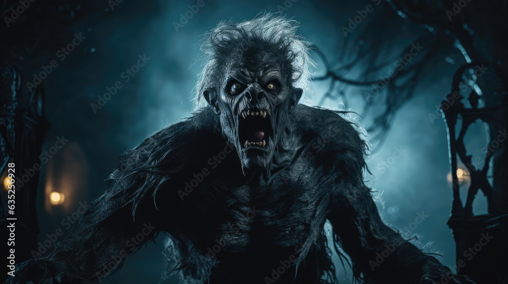 Portrait of Scary Werewolf in Cemetery in Full Moon Horror Night. Portrait of Scary Werewolf in Cemetery in Full Moon Horror Night.