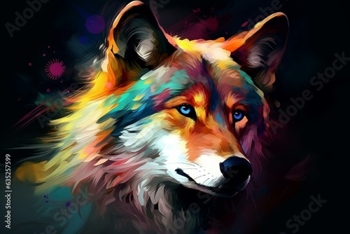Colorful wolf with glowing eyes in abstract art. Generative AI