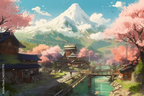 Anime-style journey through new landscapes in spring. Generative AI