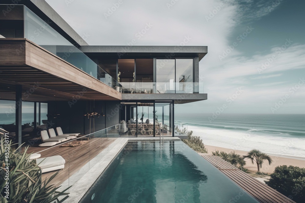 Modern beach house with elegant architecture and sea vista boasts a secluded pool. Generative AI
