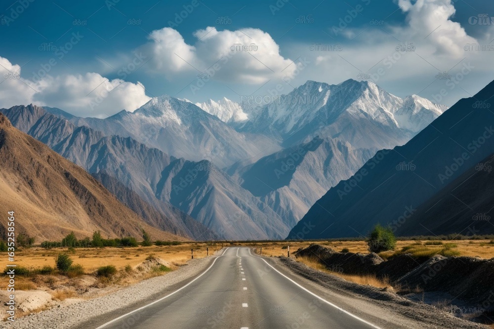Breathtaking view of majestic mountains along a roadway. Generative AI