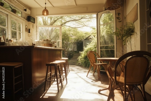 Sunlit cafe with espresso machine  rattan chair  and garden view. Generative AI
