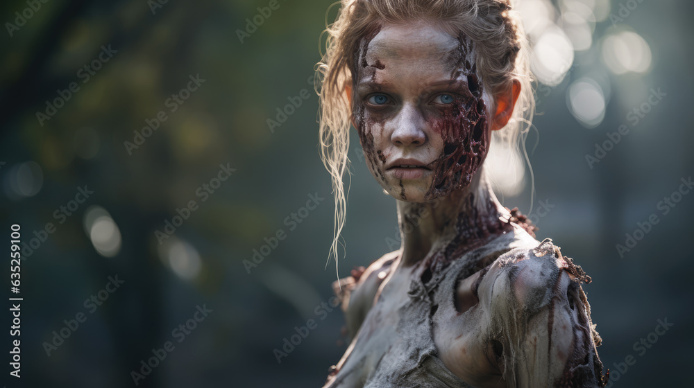 A paleskinned female zombie with a blank stare, creature from horror