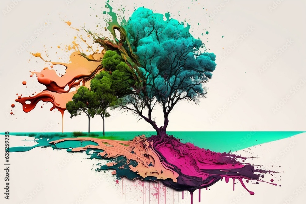 Trees in a colorful world of spilled paint, depicting pollution and artificiality. Generative AI