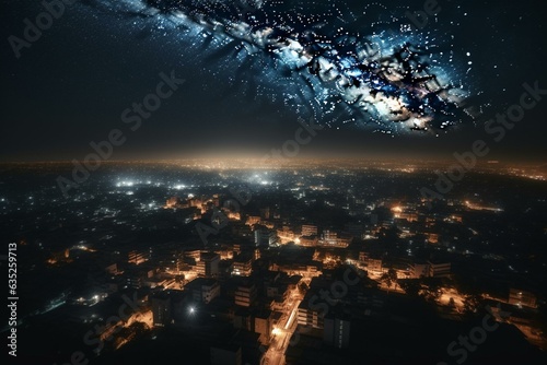 Night view of Central Africa surrounded by space, with the moon, the Milky Way, city lights, and clouds. Generative AI