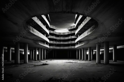 Desolate structure. Frightening subterranean carpark. Generative AI