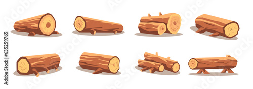 Wood log and trunk illustration set. Wooden lumber material in cartoon style. Logs, firewood, branches icon vector